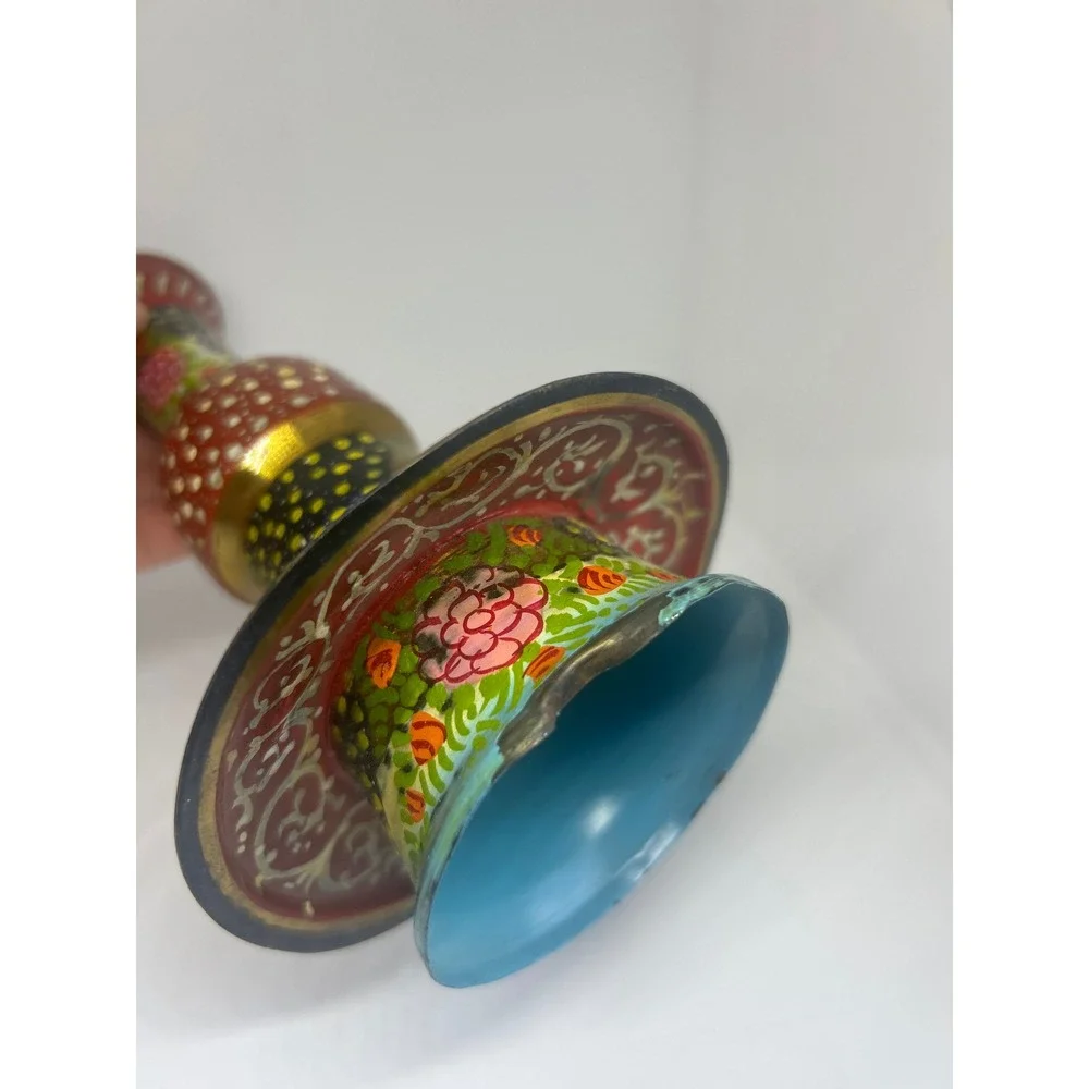 Vintage Hand Painted Metal Candle Holder Floral Folk Art Boho Decorative Taper
